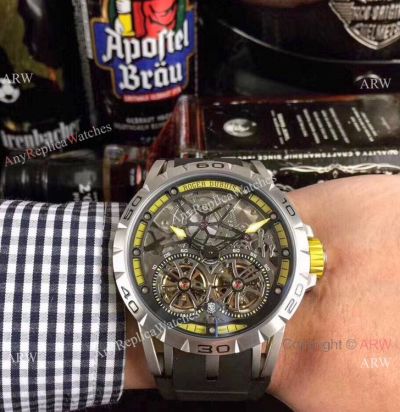 Copy Roger Dubuis Excalibur Skeleton Double Flying Tourbillon Watch SS Case